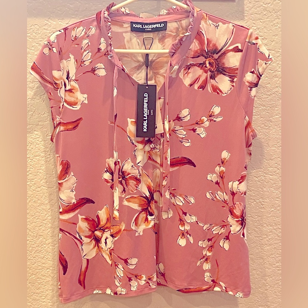 NWT KARL Lagerfeld pretty pink floral Belvedere Neck tie top size XLP